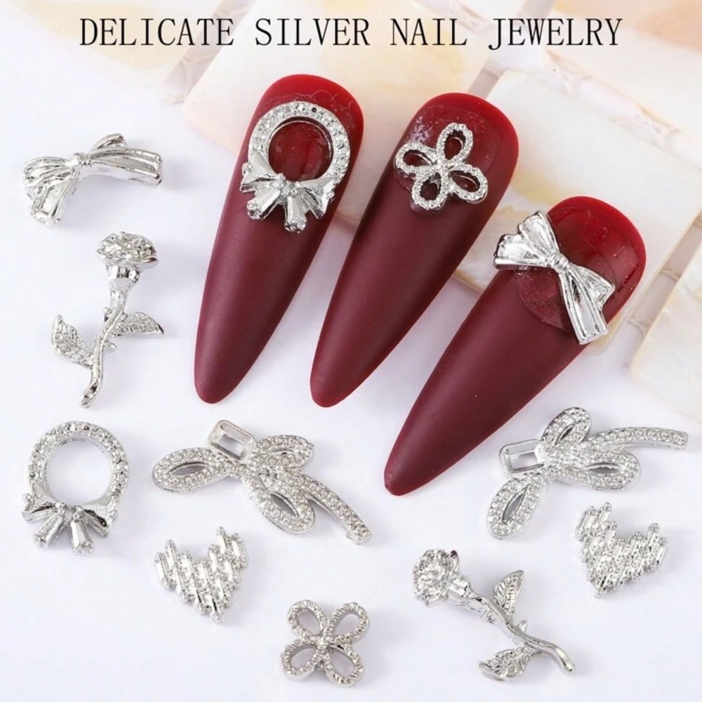 60 Piece 6 Grid Box Nail Jewelry Silver Tulip Bow Rose Heart Nail Rhinestone Kit - Picture 6 of 7